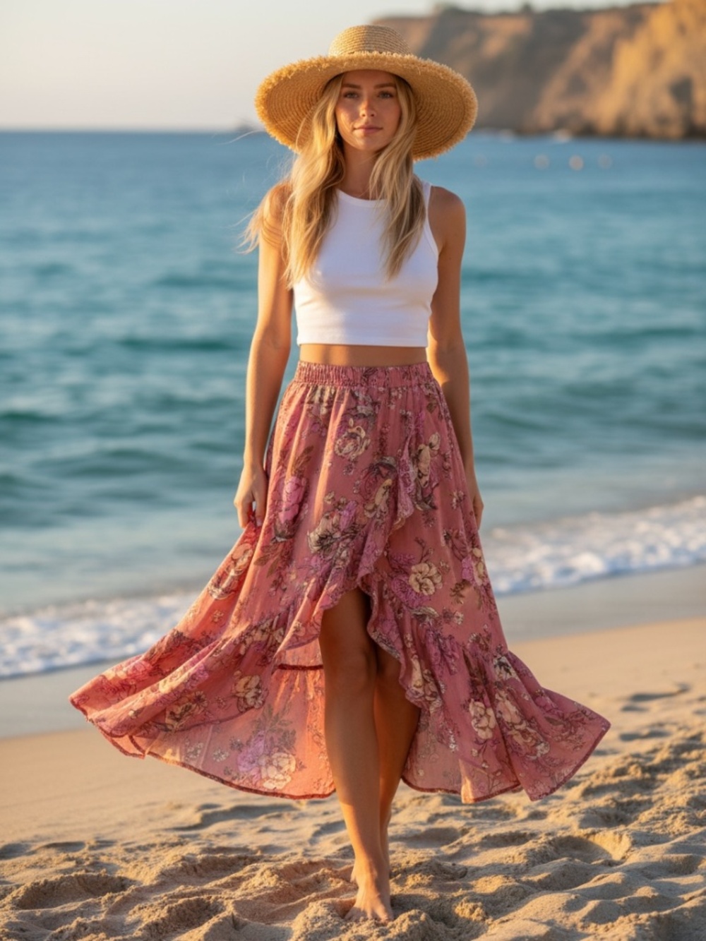 Spell Floral High-Low Maxi Skirt Pink Boho Festival Size S